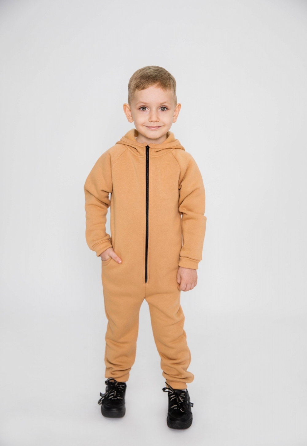 318-ТК. Комбинезон на молнии с капюшоном,  темно кофейный, хлопок 65%, 35% ПЭ, 3 нитка толстовка (начёс) 86,92,98,104