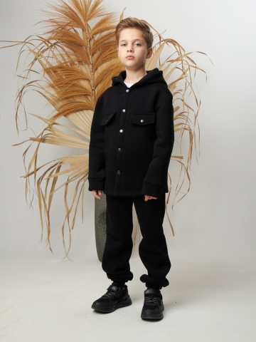 Купить оптом 333. Костюм детский (Брюки+Толстовка) на кнопках, черный, хлопок 65%, 35% ПЭ, 3-х нитка с  начесом 122,128,134,140 в Перми